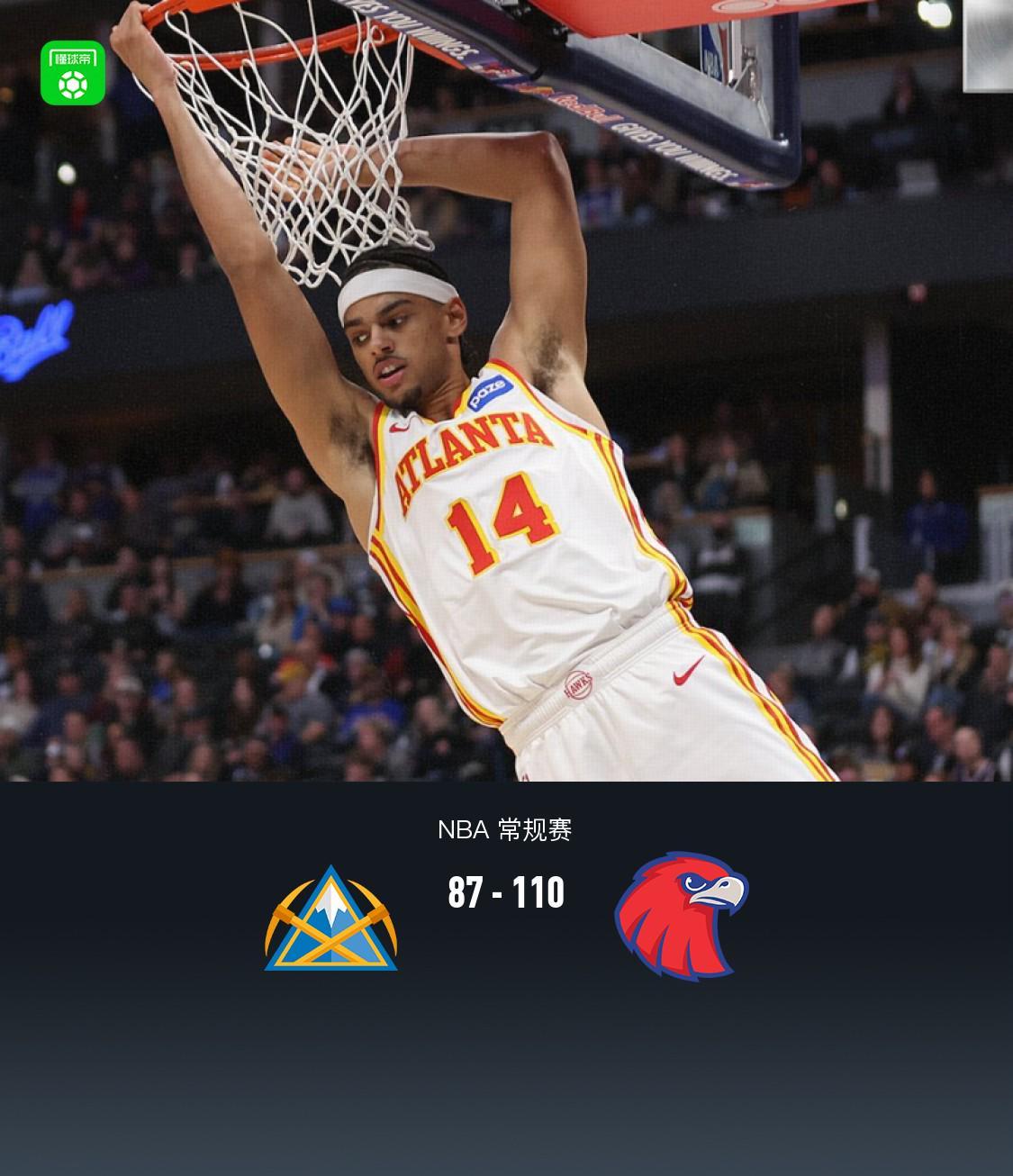 老鹰110-87大胜掘金，杰伦-约翰逊29+9+6